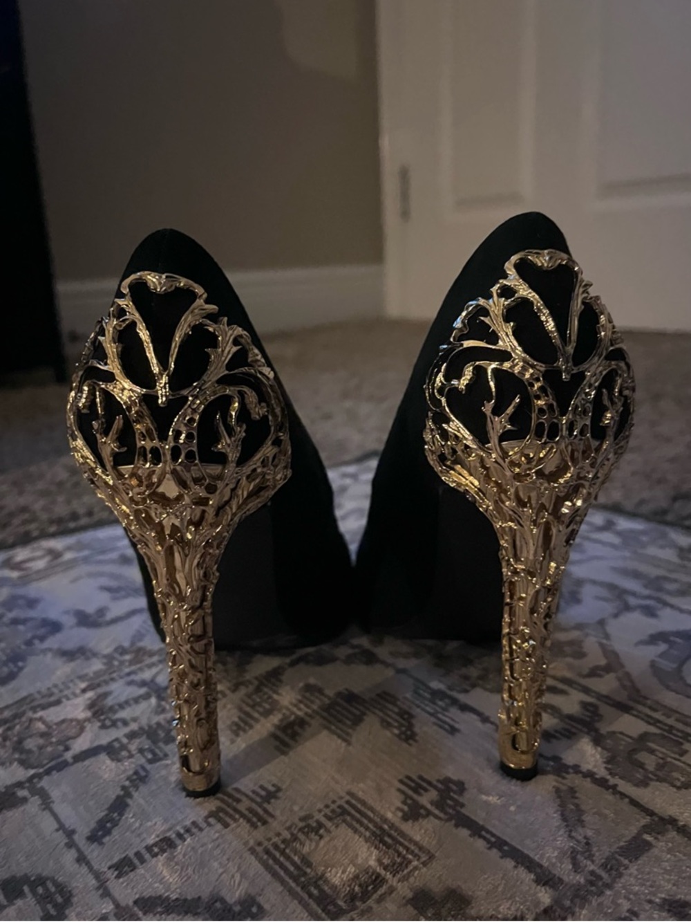Black Suede Pointed-Toe Heels with Ornate Gold Filigree Stiletto